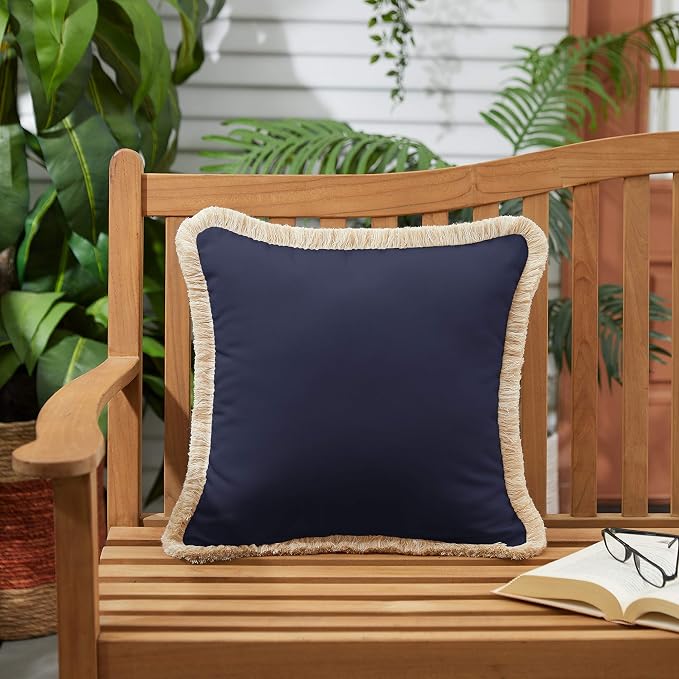 Sorra Home x Sunbrella Trim Fringe Pillow, 18 x 18 x 6 inches, Canvas Navy/Tan and White