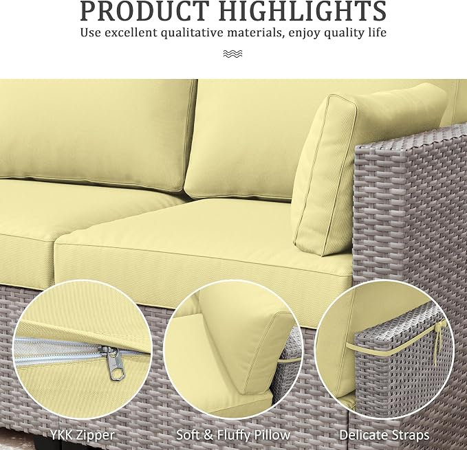 Outdoor Furniture Replacement Cushions, Waterproof Patio Furniture Cushions, 4" Deep Seat Outdoor Sectional Cushion for 3-Seat Outdoors Rattan Sofa Patio Sofa Cushion, Light Yellow