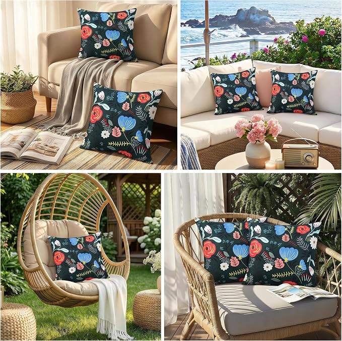 Pyonic Waterproof Outdoor Pillow Covers 18x18 Set of 2, Colorful Floral Decorative Cushion Covers for Patio Furniture, Garden, Balcony,Sunbrella， Boho Nordic Outdoor Indoor Home Decor,Dark Green