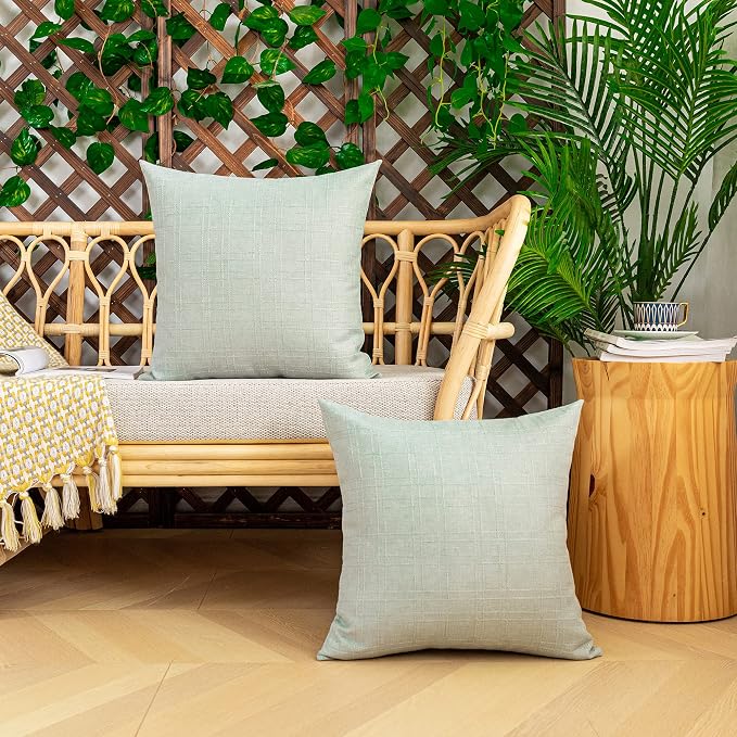 Kevin Textile Outdoor Waterproof 18”x18” Pillow Covers 2 Pack, Mint | Water Resistant, Soft Faux Linen-cotton Yarn-dyed Woven Texture Throw Pillow Covers for Tent Patio Garden Couch Sofa