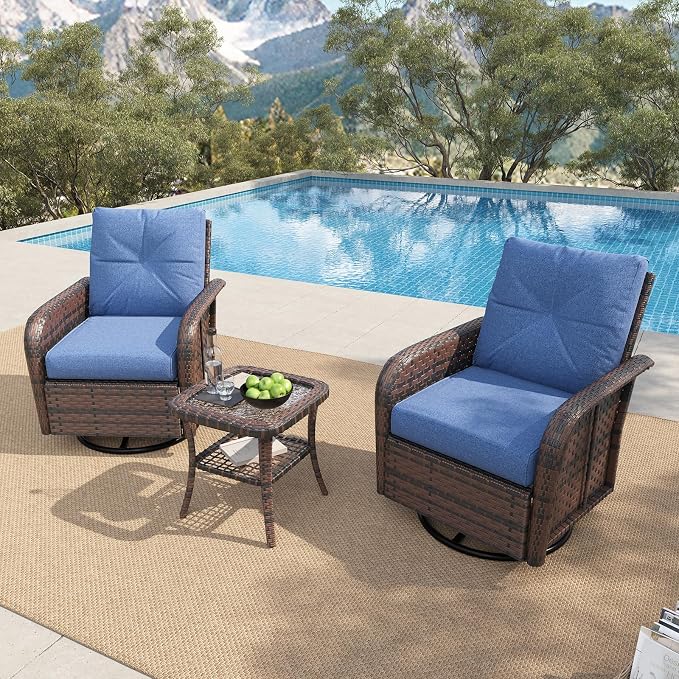 LazySunsets 3 Piece Outdoor Patio Furniture Set, Wicker Rattan Outdoor Furniture with High Back Swivel Rocker Chairs, Outdoor Sofa Set with Thick Cushions & Side Table, Navy Blue