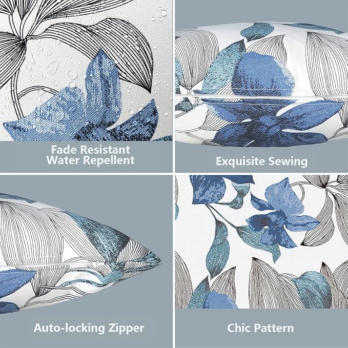 LVTXIII 2 Pack Outdoor Lumbar Pillow Covers, Water Repellent Lumbar Cushion Cases ONLY, 12 x 20 Inch Decorative Lumbar Pillow Cases for Home Patio Garden Furniture Ornament, Clemens Noir Blue