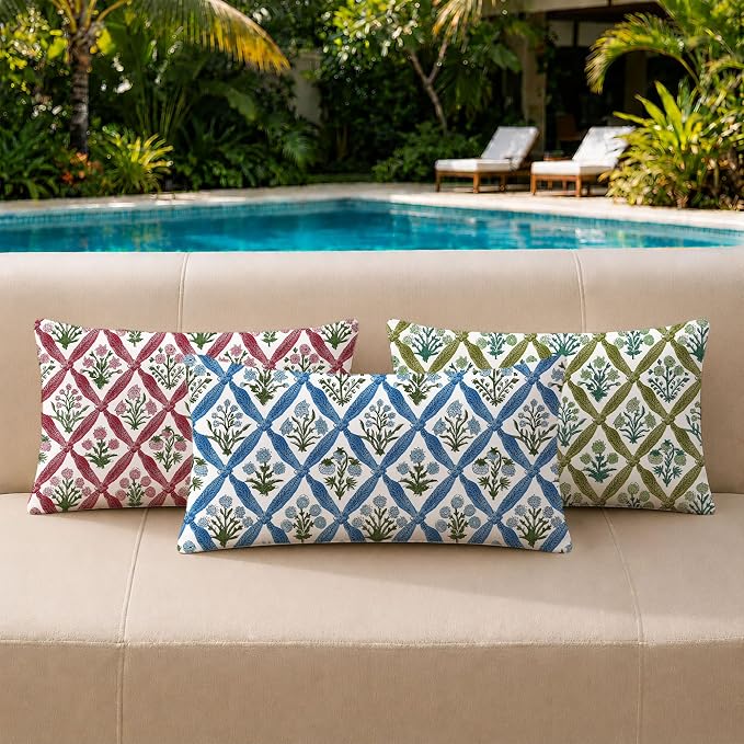 Allorry Floral Outdoor Pillow Covers 12x20 Rose Pink Waterproof Decor | Set of 2 Vintage Floral Block Print Pillow Cover,Farmhouse Boho Decorative for Spring Summer Outdoor Sofa Bedroom Decor