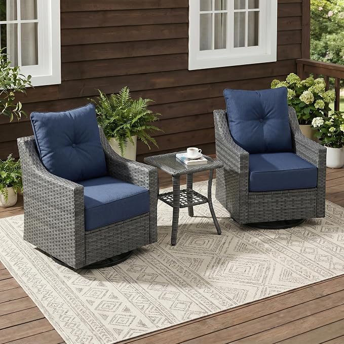 3 Pieces Patio Furniture Set with 6" Thick Cushions, All Weather Outdoor Wicker Swivel Rocker Chairs Set of 2 with Table for Porch Yard Deck