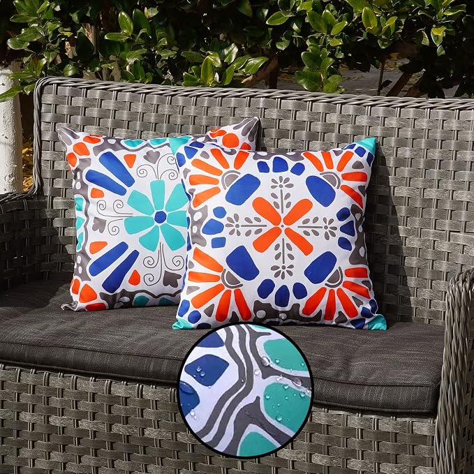 ONWAY Outdoor Waterproof Pillow Covers 18x18 Set of 4 Floral Boho Decorative Throw Cushion Cover Farmhouse Pillows for Bench Couch Patio Furniture