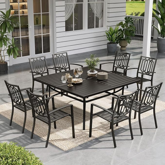 Sophia & William Patio Table and Chairs Set, Outdoor Dining Set for 8, 9 Piece Metal Patio Furniture, 60" Black Square Table(Geometry)