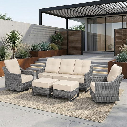 5 Piece Patio Furniture Set, Grey Wicker Outdoor Conversation Set with 2 Swivel Rocker Chairs, Sofa and 2 Ottomans, 6-Inch Thick Cushions, Beige Olefin Covers for Patio and Porch