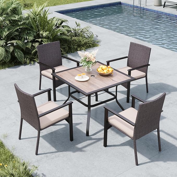 MFSTUDIO 5 Pieces Outdoor Dining Set, Patio Wood-Like Table & 4 Wicker Chairs with Cushions, Outdoor Rattan Dining Furniture, Patio Square Dining Table for 4, Deck, Backyard