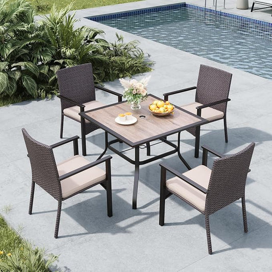 MFSTUDIO 5 Pieces Outdoor Dining Set, Patio Wood-Like Table & 4 Wicker Chairs with Cushions, Outdoor Rattan Dining Furniture, Patio Square Dining Table for 4, Deck, Backyard