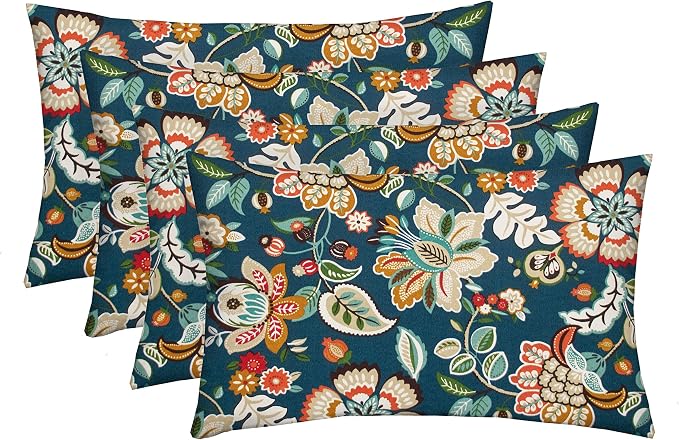 RSH DECOR: Lumbar Throw Pillows Set of 4 | 20” x 12" | All-Weather Spun Fabric | Water and Fade-Resistant | Outdoor Support Pillows for Patio Furniture | Telfair Peacock