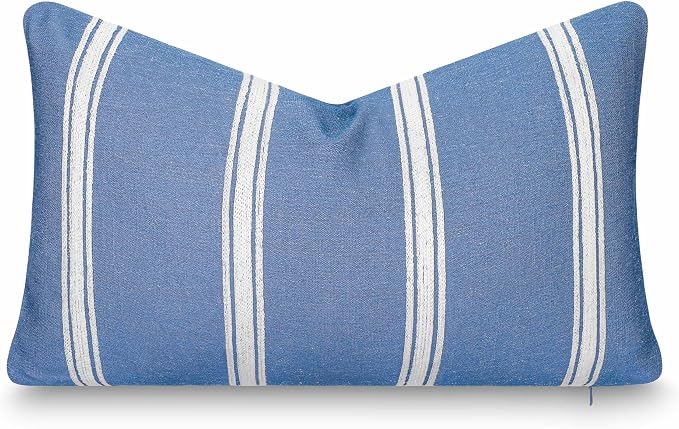 California Casual Coastal Indoor Outdoor Lumbar Pillow Cover, 12"x20" Water Repellent for Patio, Backyard, Couch, Poolside, Azure Blue White Embroidered Stripes