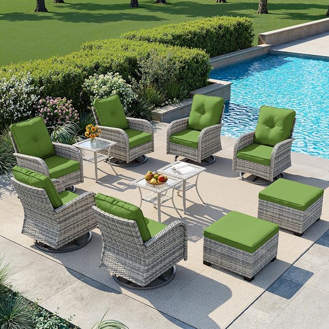11-Piece Small Patio Furniture Set, Outdoor Swivel Rocking Chairs Set with Ottomans, Patio Bistro Set for Balcony, Deck, Porch, Grass Green