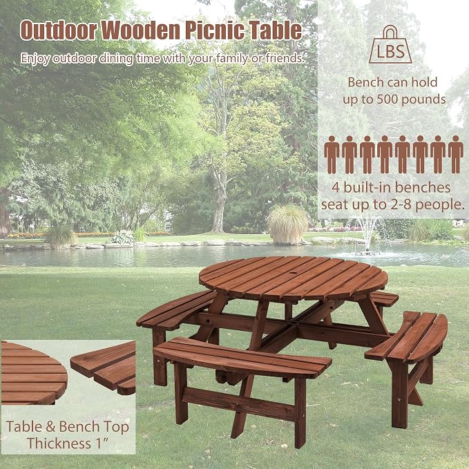 8 Person Outdoor Picnic Table with 4 Built-in Benches Round Wood Picnic Table with Umbrella Hole, Outside Picnic Tables and Bench Set for Garden,Patio, Backyard,2220LBS Total Capacity,Walnut Brown