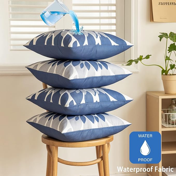 Pack of 4 Outdoor Waterproof Pillow Covers 22x22 Decorative Outdoor Throw Pillows Garden Square Cases for Patio Furniture, Couch, Tent Sunbrella, Bench, Blue Grey
