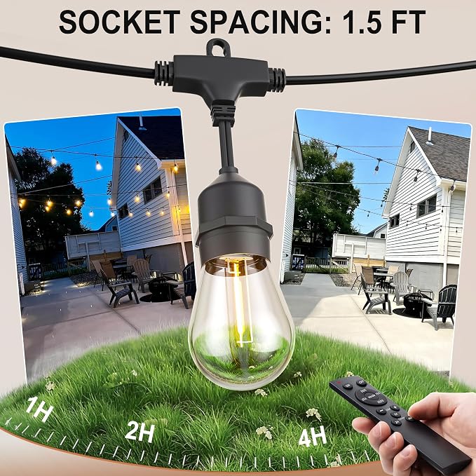 Outdoor String Lights 50FT 34 Bulbs(1.5 FT Apart) Remote lighting for Patio | Waterproof IP65 Connectable Outside Lights with Remote Timer&3 Modes for Commercial Backyard Bistro Garden Market Porch Yard