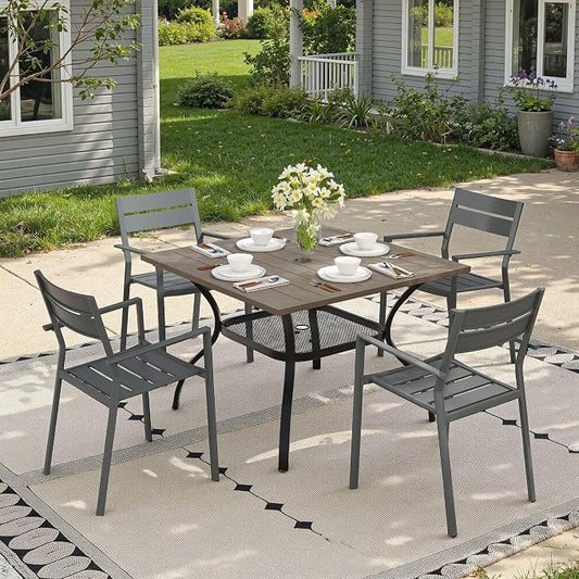 Patio Dining Set for 4, 37.8" Outdoor Dining Table and Chairs Set with Stackable Patio Chairs Outdoor Furniture for Garden Deck Backyard, Grey Table and Grey Chairs