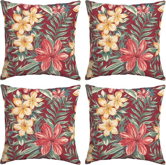 Arden Outdoor Toss Pillow, 4-Pack, 16x16, Ruby Clarissa | Indoor/Outdoor Décor, Set of 4, 16 x 16, Rain-Proof, Fade Resistant, Mold and Mildew Resistant
