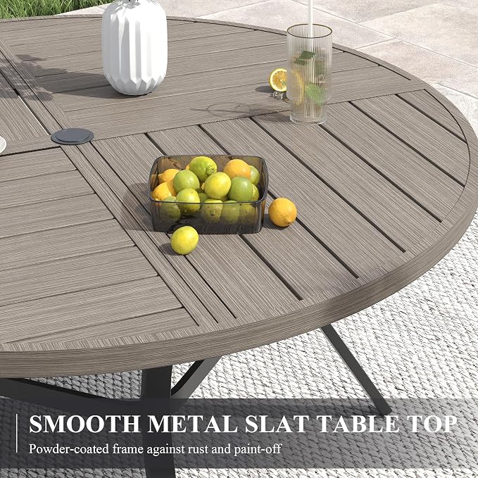 VICLLAX 60" Round Patio Table with Umbrella Hole, All Weather Metal Outdoor Dining Table for 8, Outside Table for Lawn Garden, Grey Wood-Grain Finish