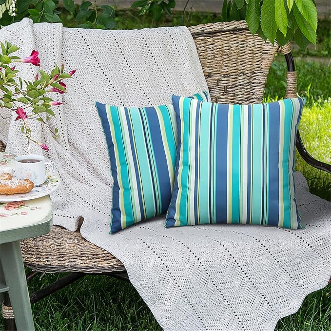 Adabana Patio Striped Outdoor Pillow Covers Waterproof Set of 2, 16"x16" | Colorful Decor, Blue Outdoor Pillows for Patio Furniture Garden Porch