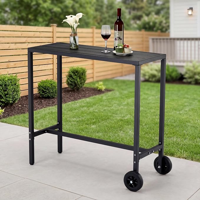 Takywep 39 Inch Counter Height Outdoor Bar Table with Wheels & Adjustable Leveling Feet, Multipurpose High Top Bar Table for Kitchen, Home Bar, Patio, Balcony, Black