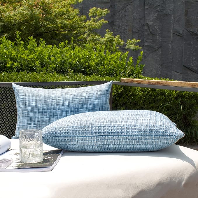 Kevin Textile Outdoor Waterproof 12"x20" Pillow Covers 2 Pack, Light Blue | Water Resistant, Faux Linen Yarn-dyed, Woven Texture Throw Pillow Covers for Tent Patio Garden Couch Sofa