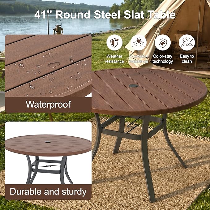 Patio Dining Table for 4,Steel Slatted Round Outdoor Table with Adjustable Umbrella Hole,41",Brown