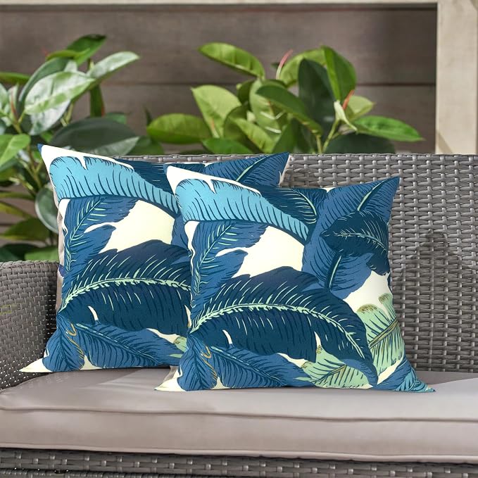 LVTXIII Outdoor Throw Pillows, Decorative Throw Pillows with Inserts, 16"x16" Square Pillows for Bed, Couch, Sofa and Patio Furniture, Set of 2, Swaying Palms Blue