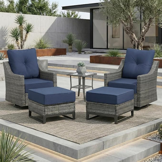 5 Piece Patio Furniture Set, Grey Wicker Outdoor Conversation Set with 2 Swivel Rocker Chairs, 2 Ottomans and Side Table, 6-Inch Thick Cushions, Blue Olefin Covers for Patio, Porch