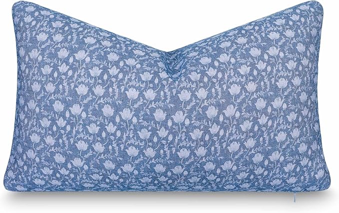 California Casual Coastal Indoor Outdoor Lumbar Pillow Cover, 12"x20" Water Repellent for Patio, Backyard, Couch, Poolside, Azure Blue Print Botanical Flowers and Leaves