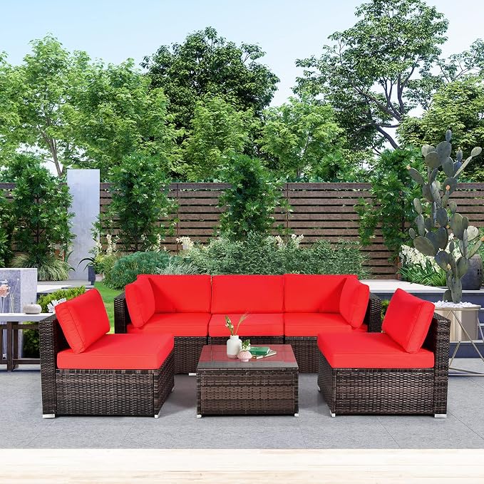 HAPPYGRILL 6 Pieces Outdoor Patio Furniture Set, PE Rattan Conversation Set with Tempered Glass Coffee Table and Cozy Cushions, Weather Resistant Sectional Sofa Set, Red