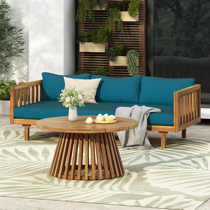 Merax Outdoor Acacia Wood Conversation Set, 3-Seat Loveseat Sofa w/Coushion and Round Coffee Table for Backyard, Patio Furniture, Teak+Teal
