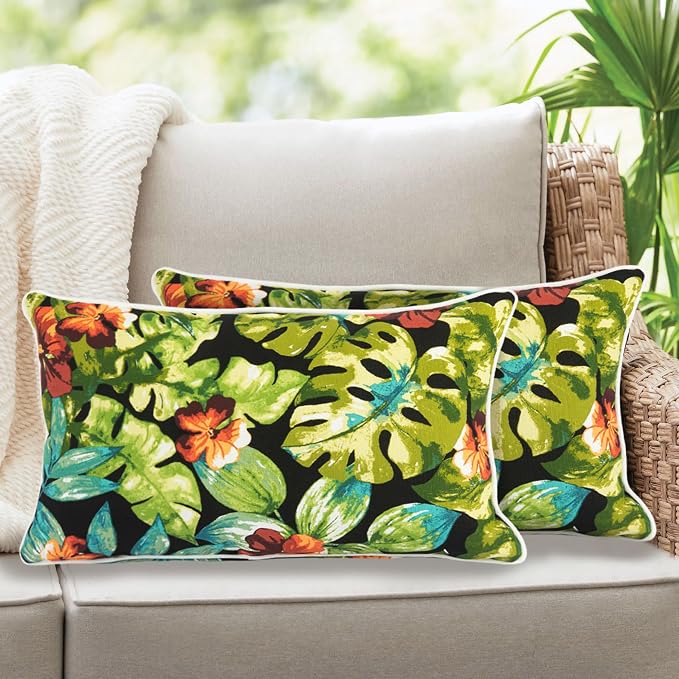 Lumbar Pillow Covers Set of 2, Outdoor Indoor Waterproof Decorative Patio Lumbar Pillowcase Shell 12x20 Inch, Rectangular Cushion Case for Couch Sofa Garden Farmhouse-Tropical Green Leaves