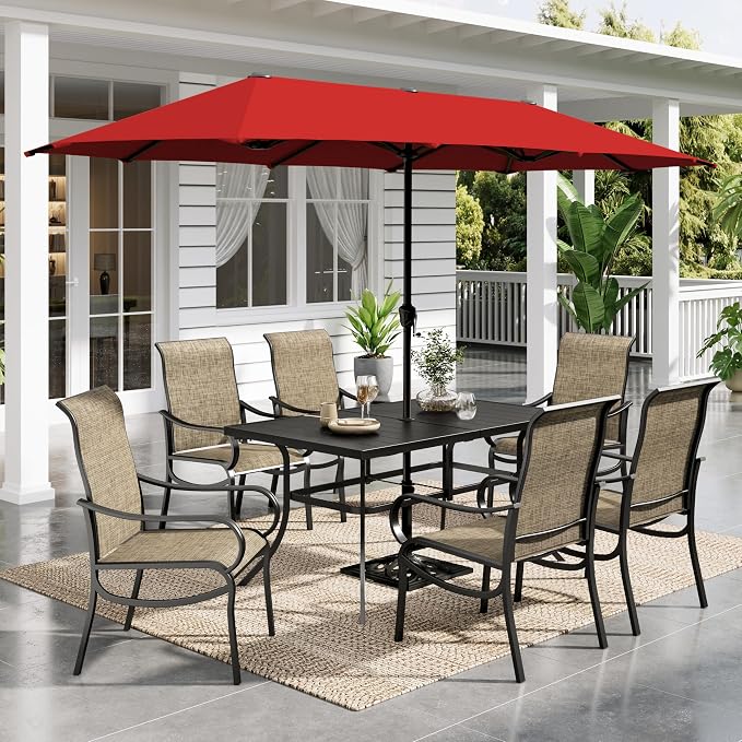 Sophia & William Patio Set with Umbrella Outdoor Dining Set with 13ft Red Umbrella, 6 x Fixed Chairs, 1 Wood Like Patio Table for Lawn Garden Backyard Pool (Umbrella Base Not Included)