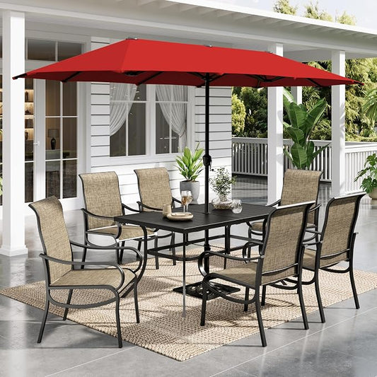 Sophia & William Patio Set with Umbrella Outdoor Dining Set with 13ft Red Umbrella, 6 x Fixed Chairs, 1 Wood Like Patio Table for Lawn Garden Backyard Pool (Umbrella Base Not Included)