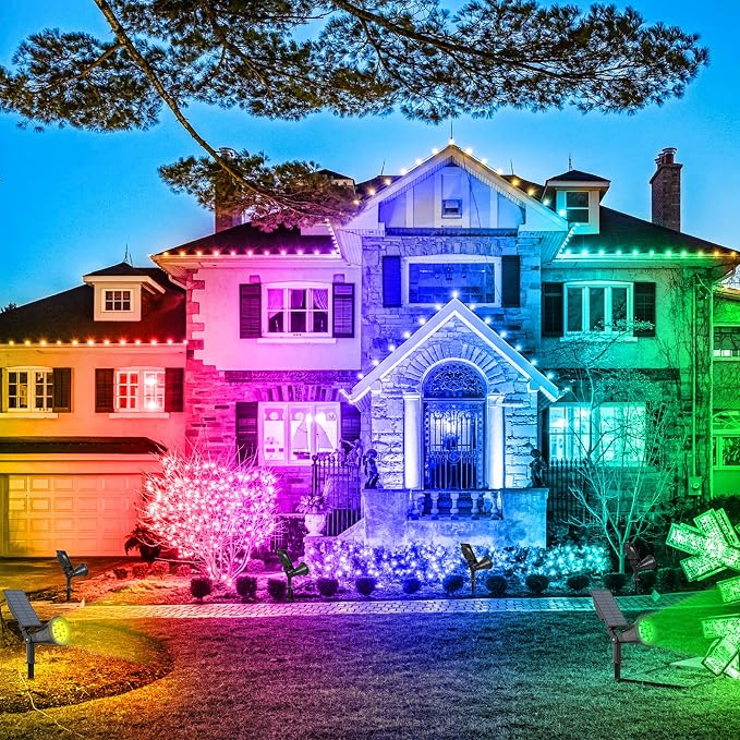 T-SUN Color Changing Solar Spot Lights Outdoor Waterproof, 7 LEDs, 4 Pack | 7 Color Changing Modes, IP65 Waterproof Dusk to Dawn Solar Uplights for Tree, Patio, Yard, Garden, Driveway, Pool Area