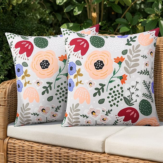 Pyonic Waterproof Outdoor Pillow Covers 18x18 Set of 2, Colorful Floral Decorative Cushion Covers for Patio Furniture, Garden, Balcony,Sunbrella， Boho Nordic Outdoor Indoor Home Decor