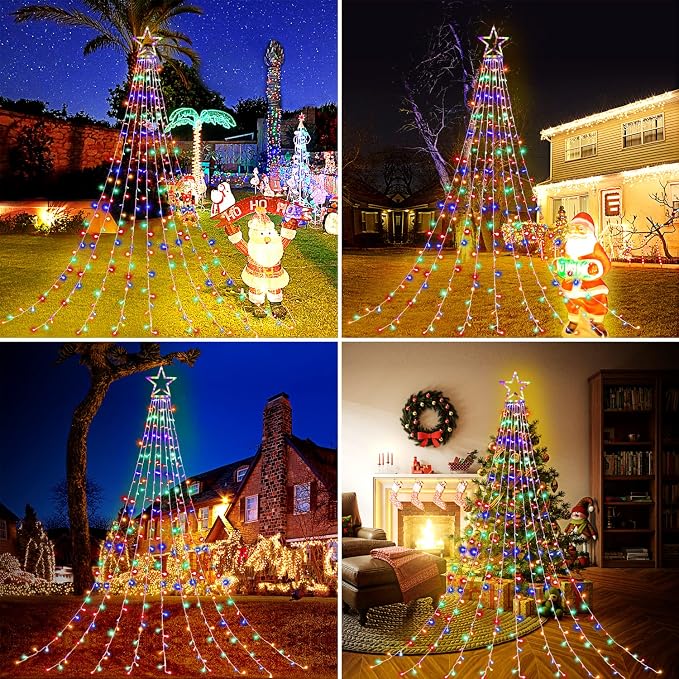 (New) Christmas Lights, Outdoor Christmas Decorations, 320 LED Waterfall String Lights, 8 Light Modes Chrsitmas Lights with 12" Star Tree Topper for Yard, Party, New Year (Multicolor)