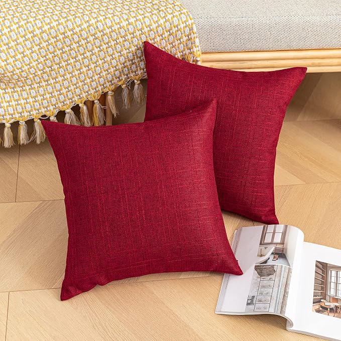 Kevin Textile Outdoor Waterproof 18”x18” Pillow Covers 2 Pack, Red | Water Resistant, Soft Faux Linen-cotton Yarn-dyed Woven Texture Throw Pillow Covers for Tent Patio Garden Couch Sofa