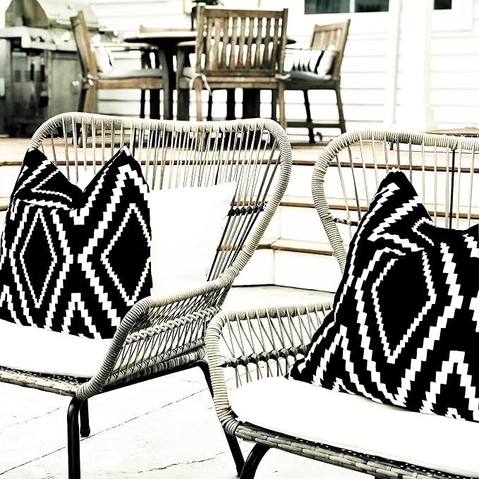 Outdoor Pillow Covers Set of 2, Waterproof Boho Throw Pillow Covers Geometric Pillow Cases for Patio Garden, Black (Black&white-01, 24x24 Inch)