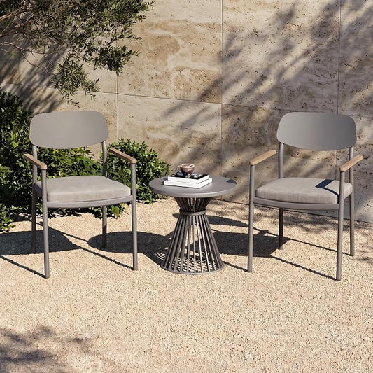 Modern Shade Lusso Outdoor Dining Chairs Set of 2, Fade Resistant, All-Aluminum Outdoor Chairs with FSC Teak Wood Armrests, Weather-Resistant Patio Chair with Quick Dry Cushion, Gray