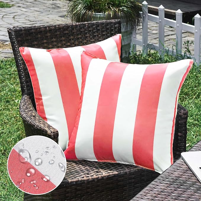 Pack of 2 Decorative Outdoor Waterproof Striped Throw Pillow Covers 20x20 | Pink,Solid, Polyester Linen Garden Farmhouse Cushion Cases for Couch Sofa Patio Tent Balcony