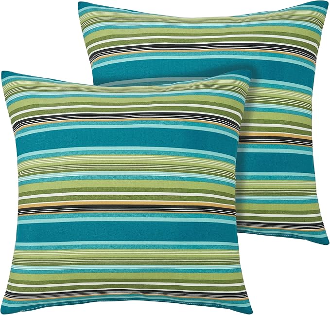 Throw Pillow Covers Set of 2, Outdoor Indoor Waterproof Patio Throw Pillowcase Shell 18x18 Inch, Square Cushion Case for Couch Sofa Garden Farmhouse-Green Stripe