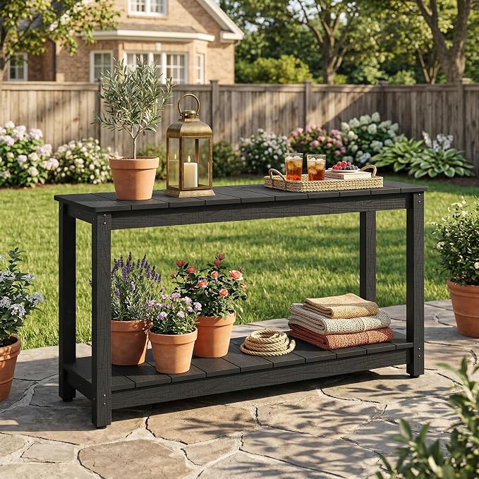 Outdoor Console Table, 48" Weather Resistant HIPS Patio Side Table, 440LBS Weight Capacity, 2-Tier Multifunctional Buffet Bar Storage Organizer for Garden Deck, Black