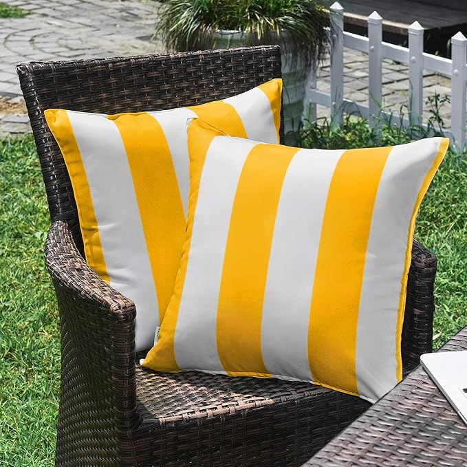 Pack of 2 Decorative Outdoor Waterproof Striped Throw Pillow Covers 18x18 | Yellow,Solid, Polyester Linen Garden Farmhouse Cushion Cases for Couch Sofa Patio Tent Balcony
