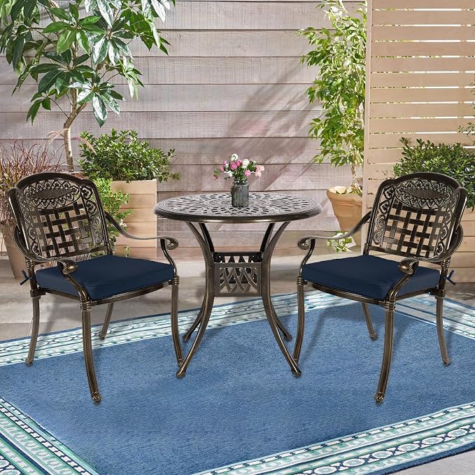 3-Piece Outdoor Patio Dining Set, All-Weather Cast Aluminum Patio Furniture Set for Backyard Garden Deck with 2 Cushioned Chairs and 31” Round Table, 2" Umbrella Hole, Navy Blue