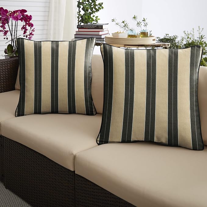 Sorra Home x Sunbrella - Square Pillows (Set of 2), Tan & Black Stripes