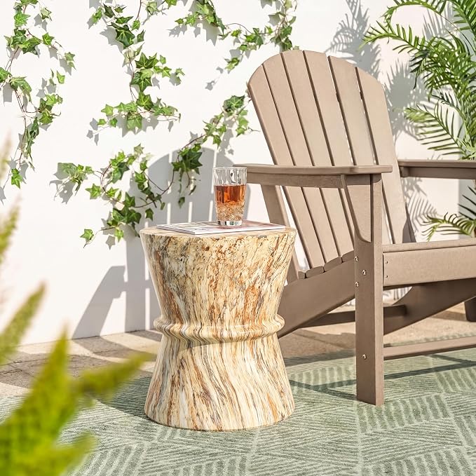 Outdoor Concrete Side Table,Contemporary Hourglass Accent Table with Faux Stone Coffee Tables for Indoor Outdoor,Garden End Table for Porch,Backyard Patio Living Room-15.55" Amber Brown MgO