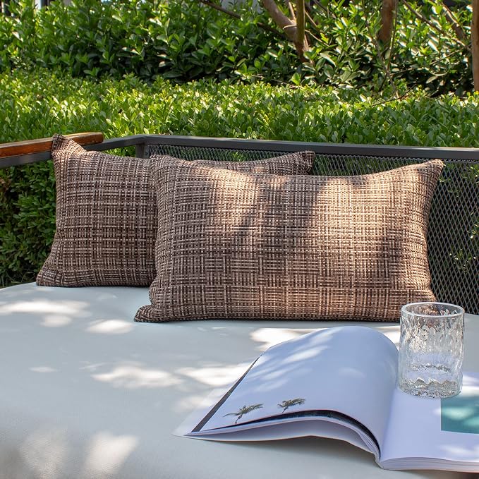 Kevin Textile Outdoor Waterproof 14"x24" Lumbar Pillow Covers 2 Pack Coffee | Water Resistant, Faux Linen Yarn-dyed, Woven Texture Throw Pillow Covers for Tent Patio Garden Couch Sofa