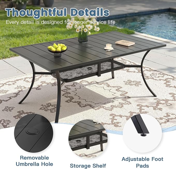 DIFY 7 Piece Outdoor Dining Set, 59.2" Black Rectangle Metal Patio Table and Brown Textilene Stackable Chairs for 6, All Weather Patio Furniture Set with Umbrella Hole for Backyard Garden Deck