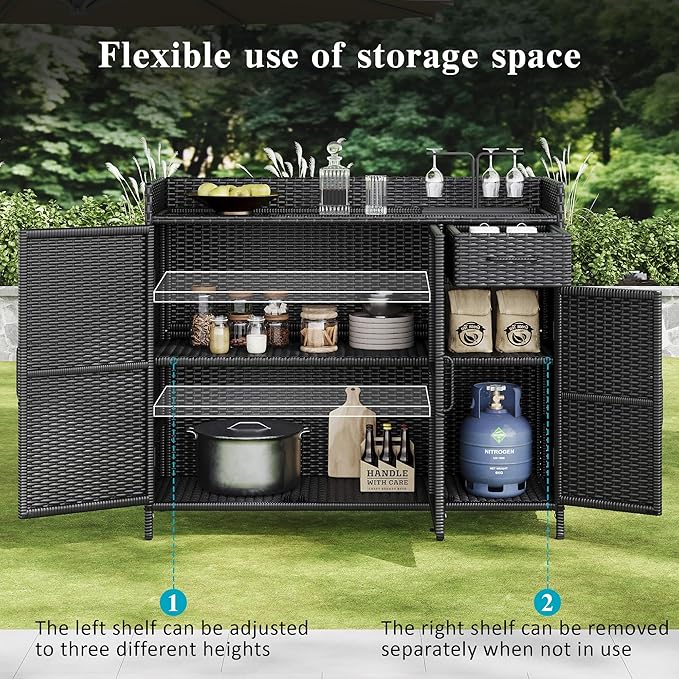 47.5" W Wicker Outdoor Storage Cabinet with Tempered Glass Desktop, Adjustable Shelf, Drawer, and Three Doors – Weather-Proof Rattan Bar Table for Outdoor Cushions and Pool Toys
